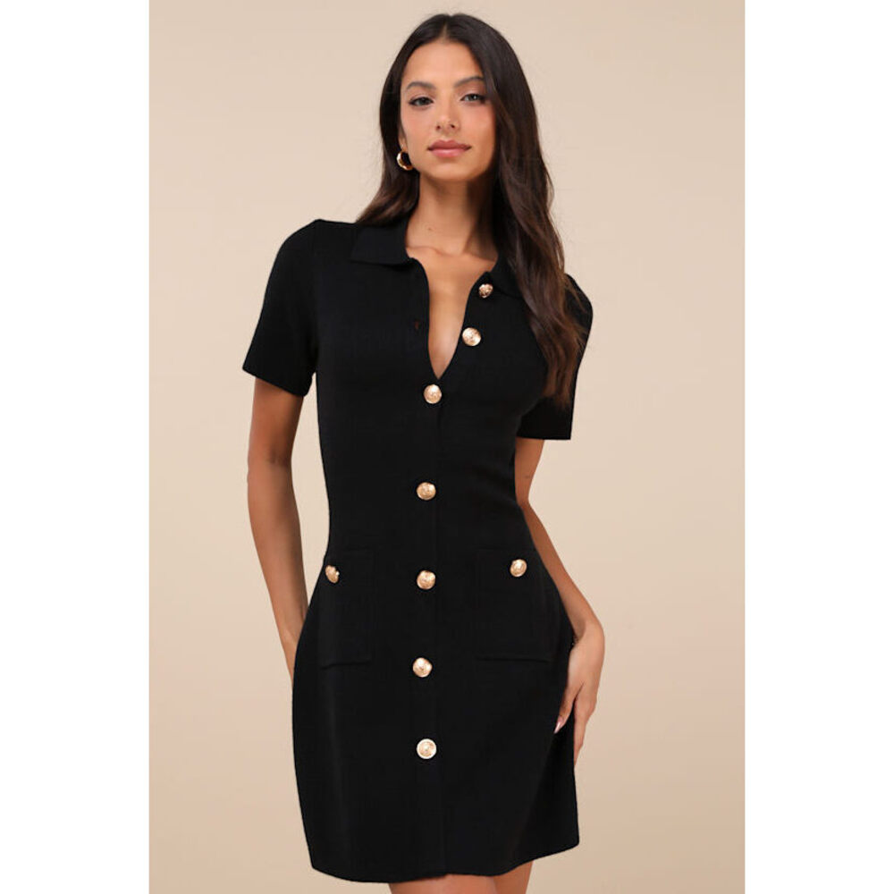 Lulus Posh Outcome Black Short Sleeve Sweater Mini Dress - Size M